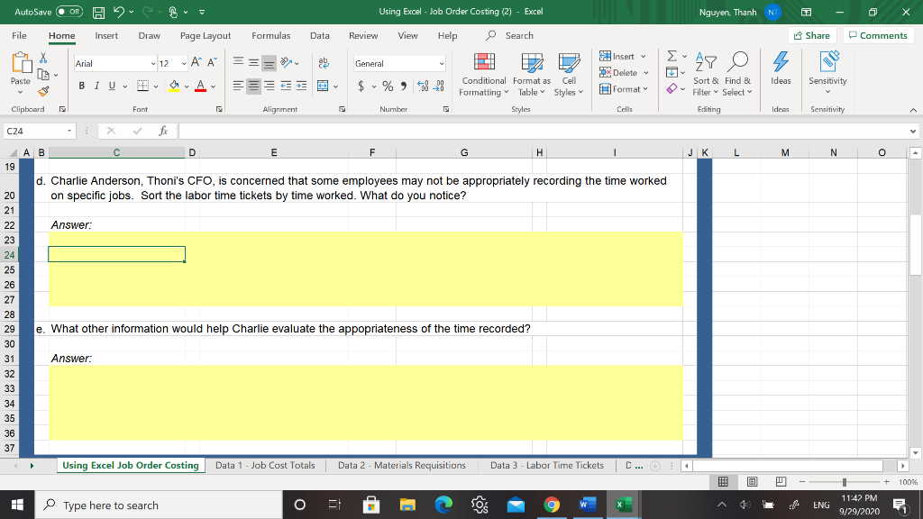 AutoSave On B H2 Using Excel - Job Order Costing (2) | Chegg.com