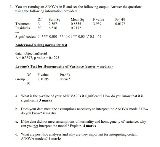 Solved 1. You are running an ANOVA in R and see the | Chegg.com