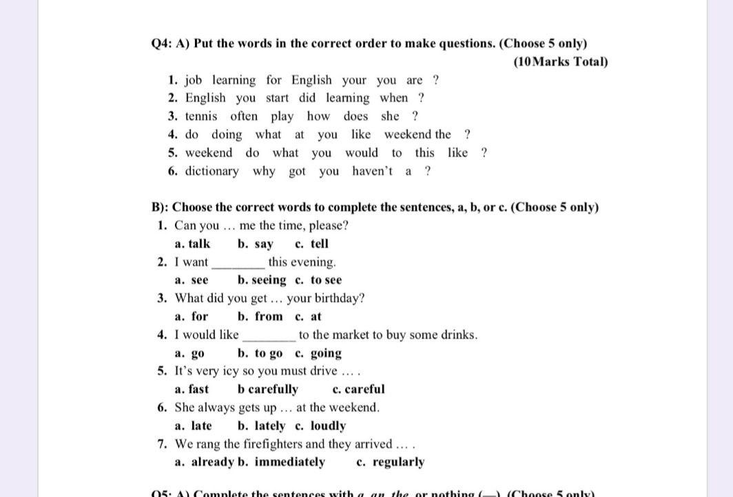 Solved Q4 A Put The Words In The Correct Order To Make Chegg Com