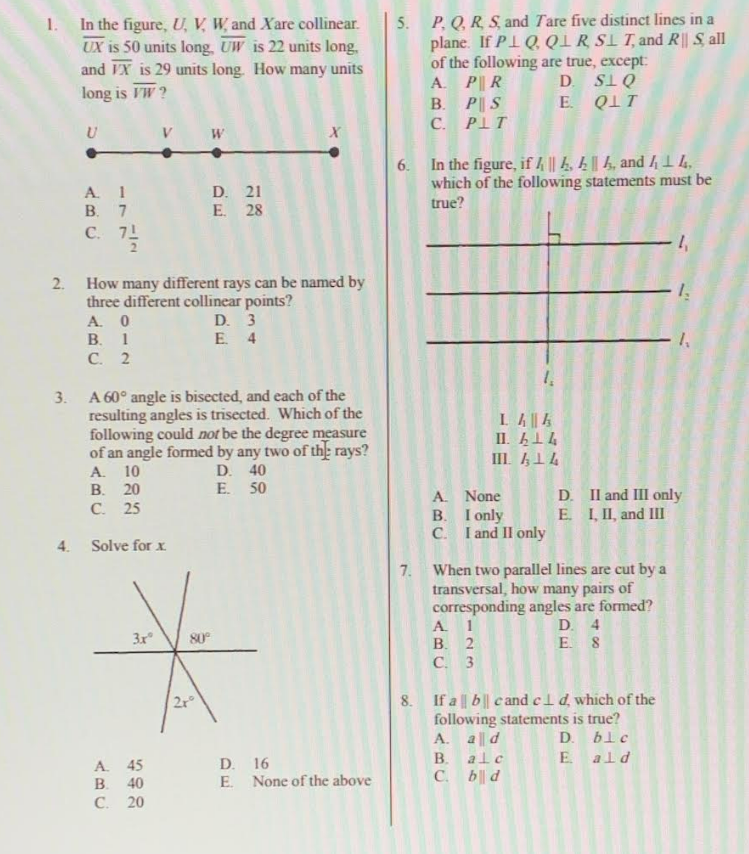 Solved 1. In the figure, U,V,W, and X are collinear. UX is | Chegg.com