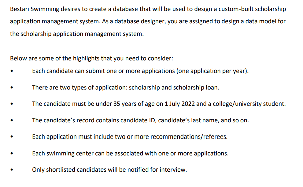 Solved Bestari Swimming desires to create a database that | Chegg.com