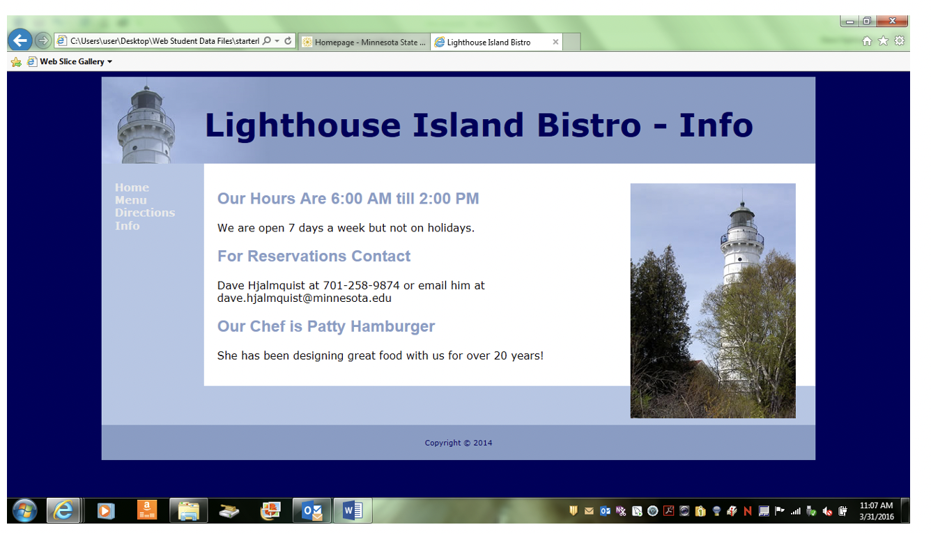 Do the Lighthouse Island Bistro home page Then create