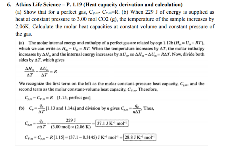 Solved 6. Atkins Life Science P. 1.19 (Heat capacity