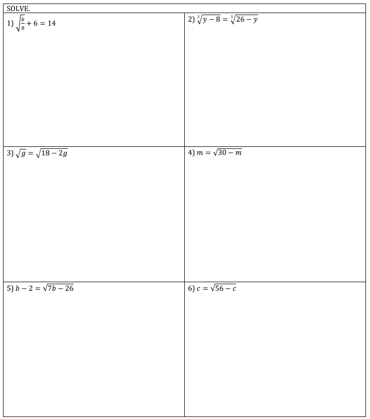 SOLVE. | 1) / +6 = 14 + 2) /y- 8 = 3/26 - y 3) g = /18 - 2g 4) m = 30 - m 5) b - 2 = V75 - 26 6) c = 156-c