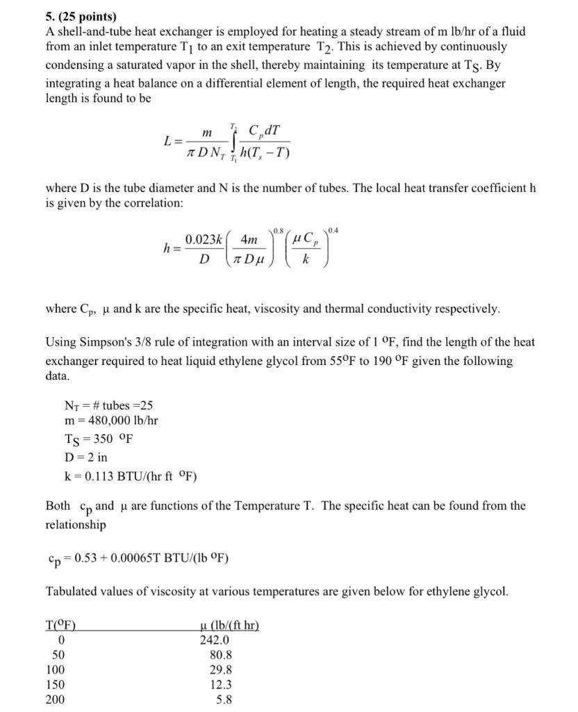 Solved 5. (25 points) A shell-and-tube heat exchanger is | Chegg.com