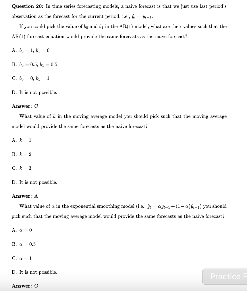 Solved Question 20: In Time Series Forecasting Models, A | Chegg.com