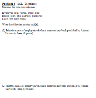 Solved Problem 3 SQL (28 points) Consider the following | Chegg.com