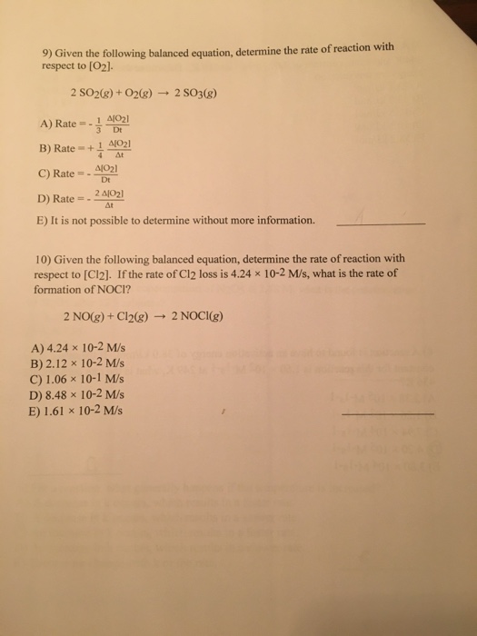 Solved 9 Given The Following Balanced Equation Determine