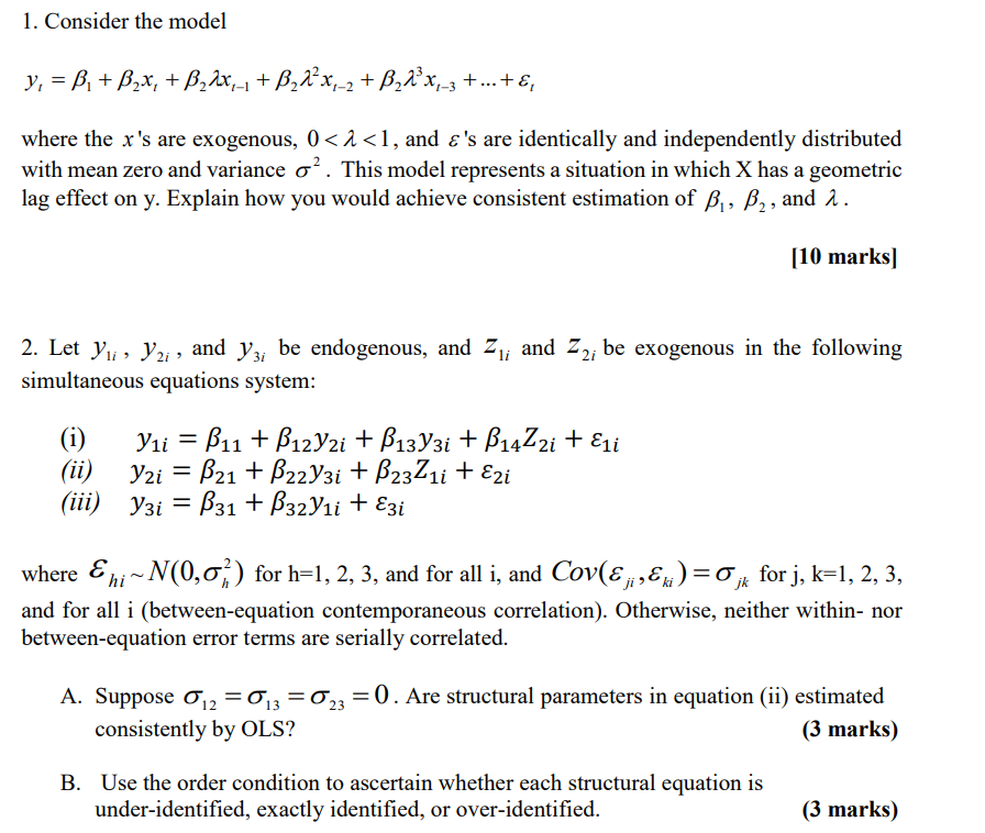 1. Consider The Model Y₁ = B₁ + B₂x₁ + B₂ λx₁_₁ + | Chegg.com