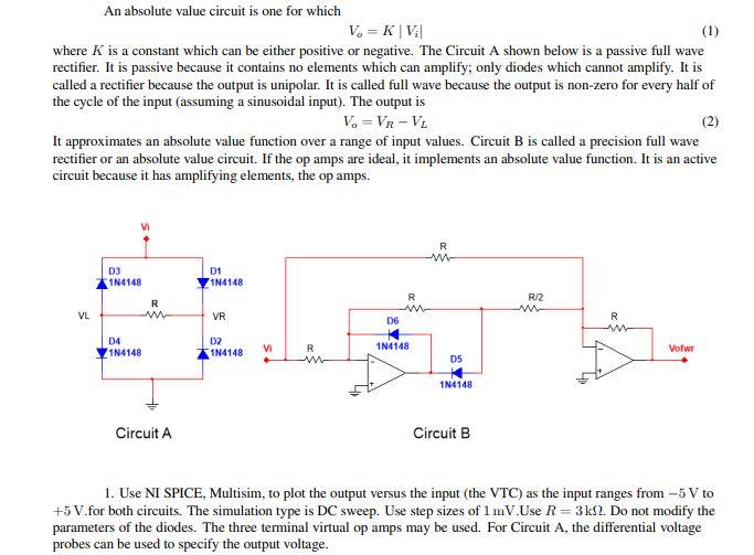 Solved An absolute value circuit is one for which V. = KV | Chegg.com