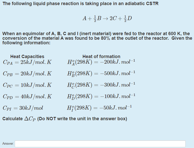 Solved The following liquid phase reaction is taking place | Chegg.com