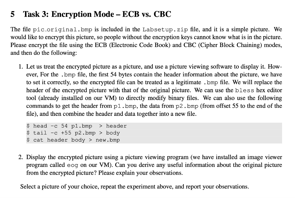 Solved 5 Task 3: Encryption Mode - ECB Vs. CBC The File | Chegg.com