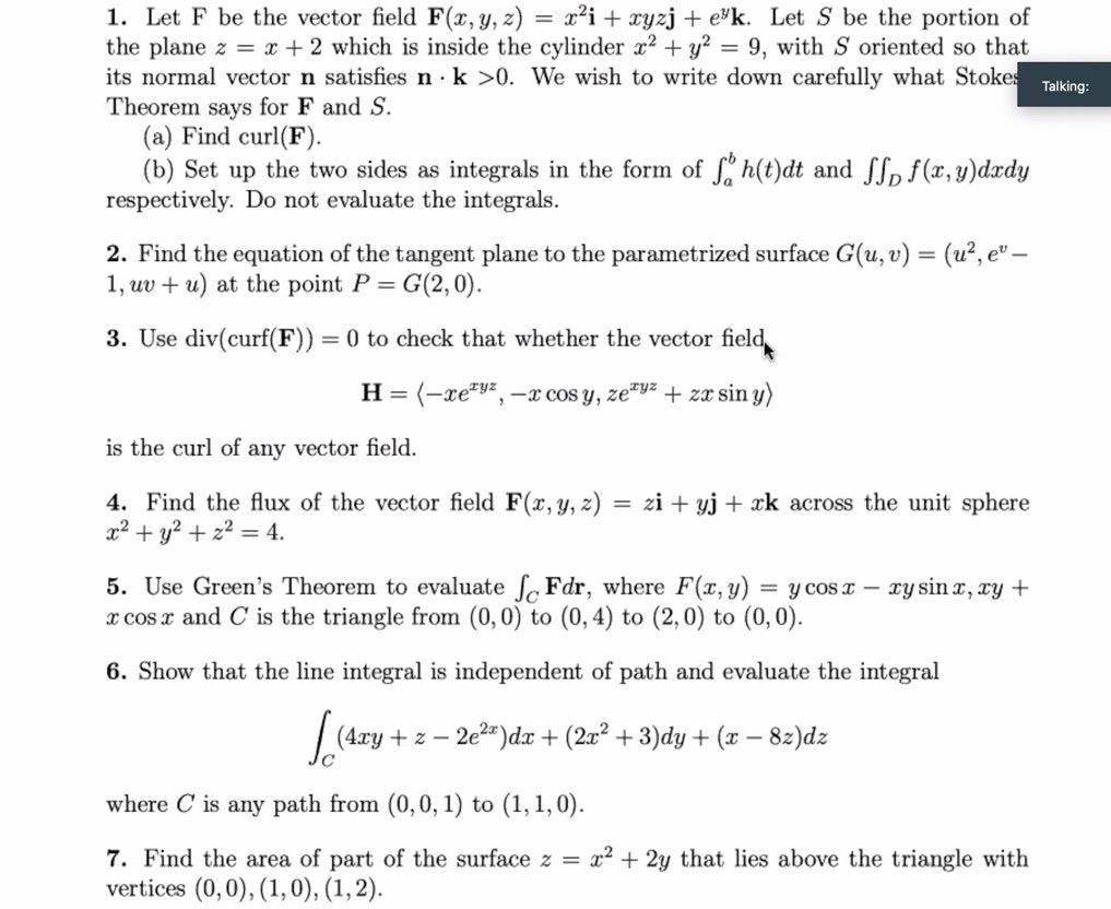 Solved Talking 1 Let F Be The Vector Field F X Y Z Chegg Com