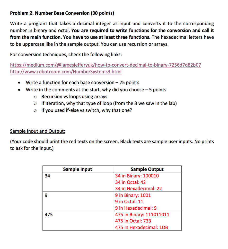 Solved Problem 2. Number Base Conversion (30 points) Write a | Chegg.com