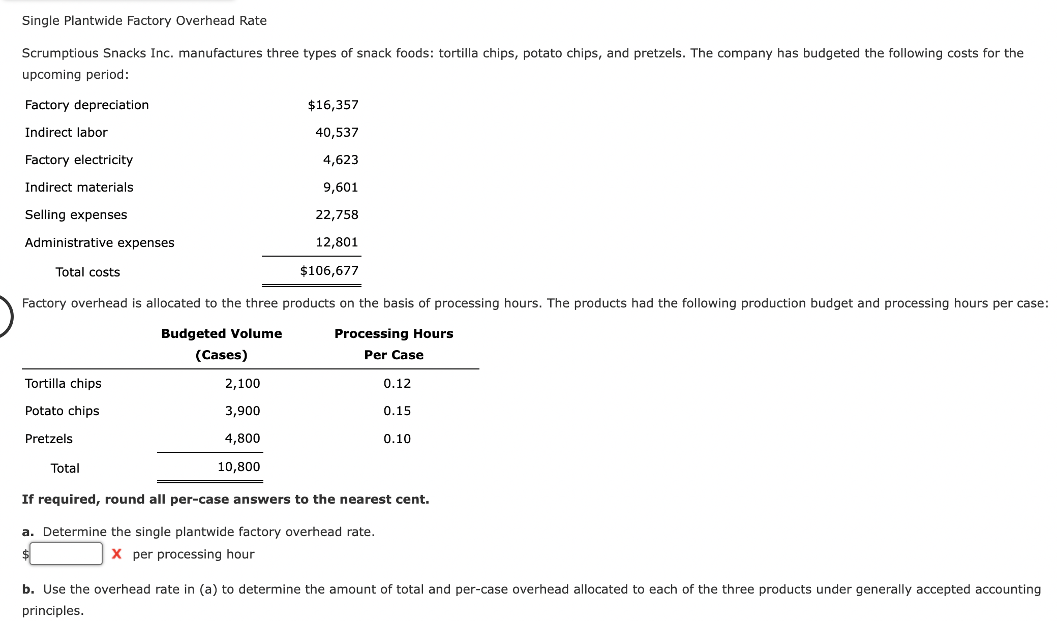 Single Plantwide Factory Overhead Rate
Scrumptious Snacks Inc. manufactures three types of snack foods: tortilla chips, potat