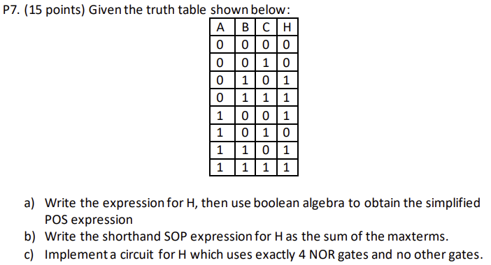 P7. (15 points) Given the truth table shown below: a) | Chegg.com