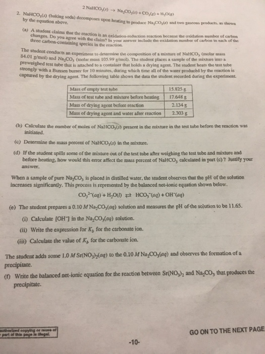 Solved 2 NaHCO_3(s) (baking soda) upon heating to
