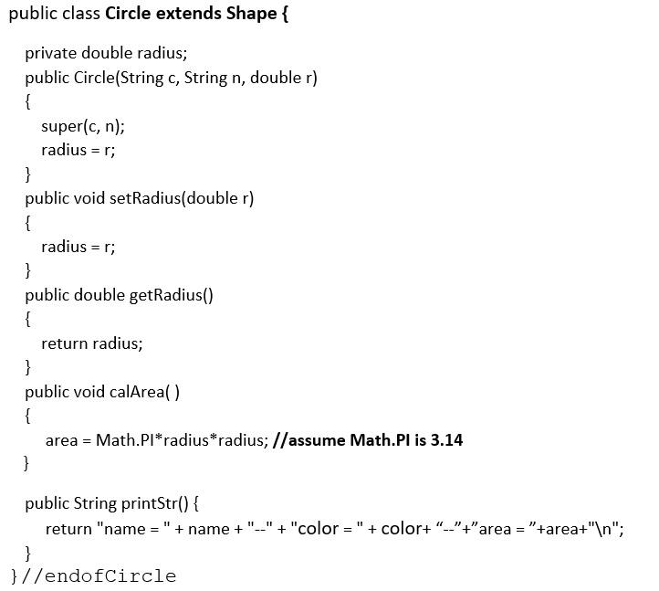 Solved Shape area (double) - color (String) - name (String) | Chegg.com