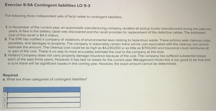 Solved Exercise 9-5A Contingent Liabilities LO 9-3 The | Chegg.com