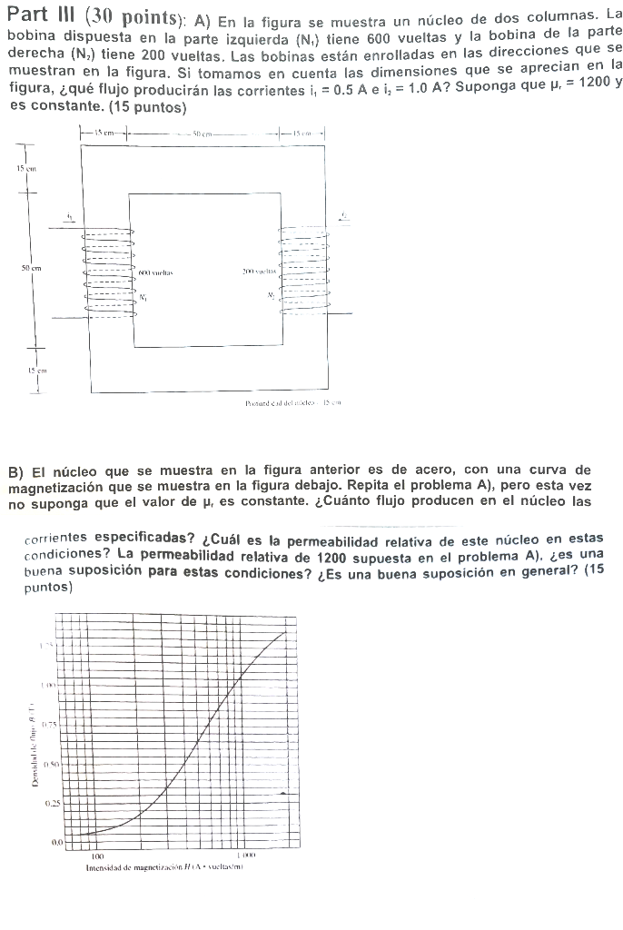 Part III (30 points): A) En la figura se muestra un núcleo de dos columnas. La bobina dispuesta en la parte izquierda \( \lef