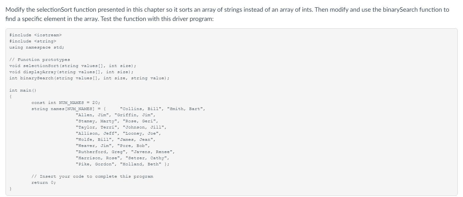 Solved Modify the selection Sort function presented in this | Chegg.com