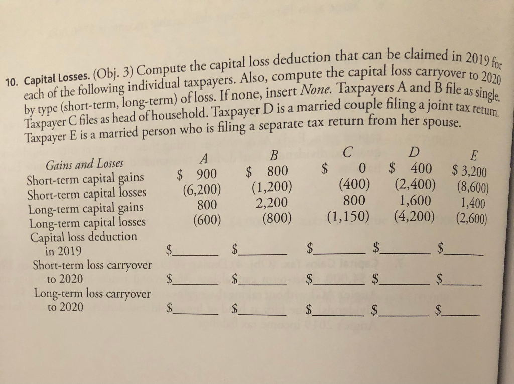 Solved 10. Capital Losses. (Obj. 3) Compute the capital loss