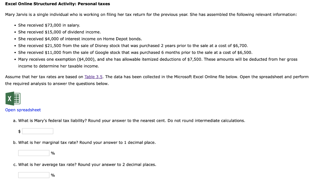 Solved Excel Online Structured Activity: Personal taxes - | Chegg.com