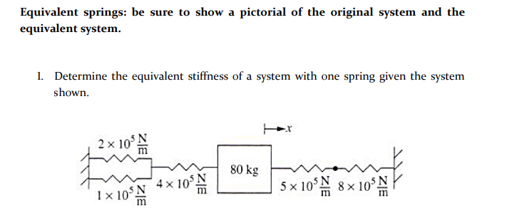 Equivalent springs: be sure to show a pictorial of the original system and the equivalent system.
1. Determine the equivalent