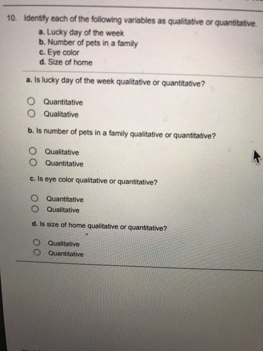 Solved 10. Identify each of the following variables as