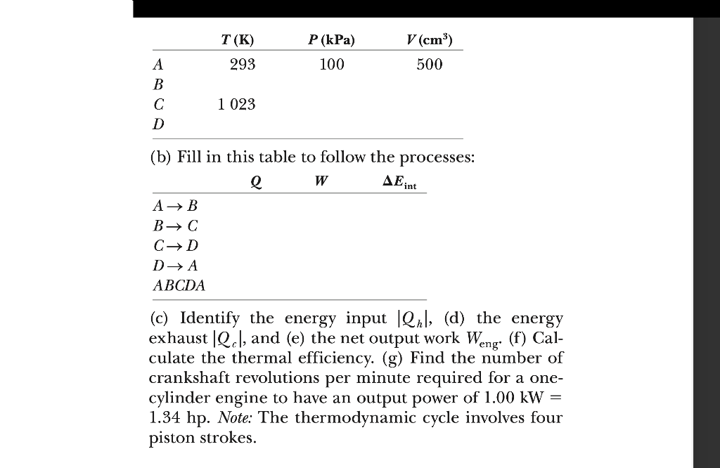 (b) Fill in this table to follow the processes:
(c) Identify the energy input \( \left|Q_{h}\right| \), (d) the energy exhaus