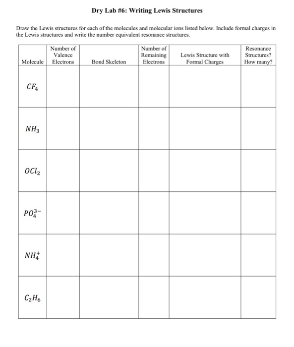 Solved Dry Lab #6: writing Lewis Structures Draw the Lewis | Chegg.com