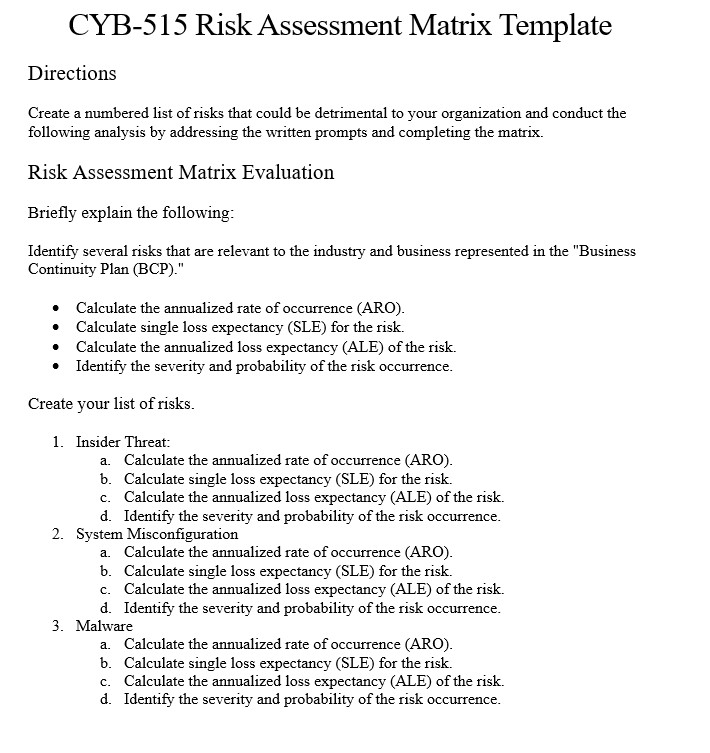 Directions
Create a numbered list of risks that could be detrimental to your organization and conduct the following analysis