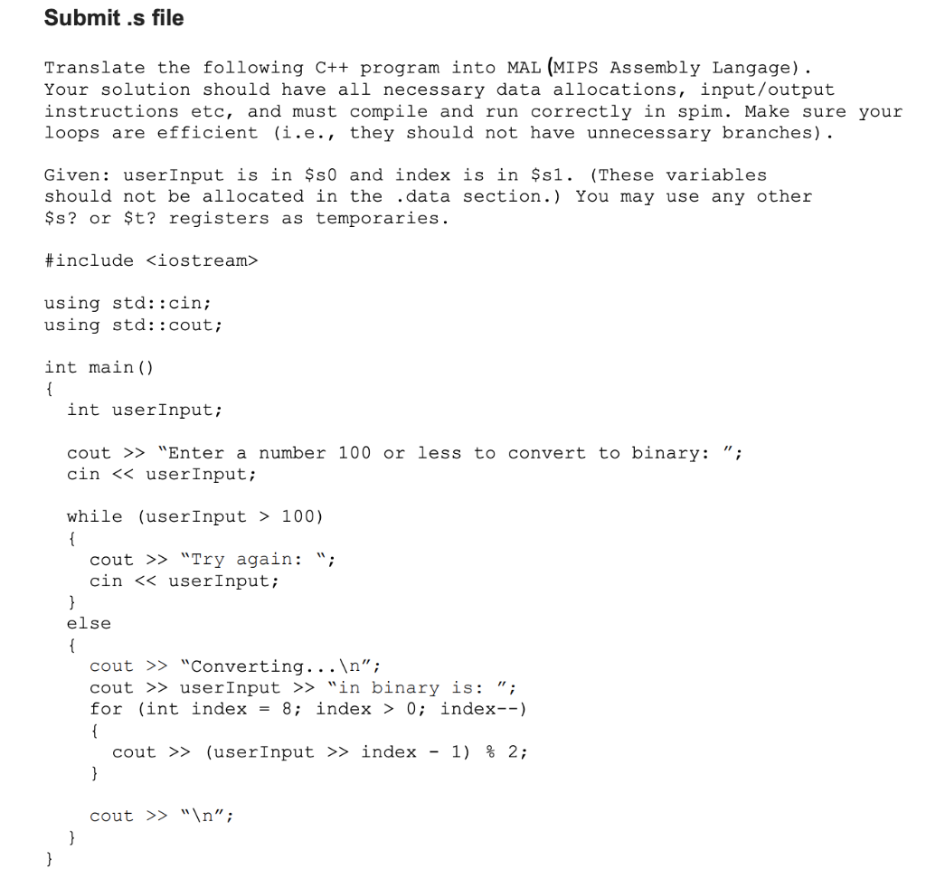 Solved Translate the following C++ program into MAL (MIPS | Chegg.com
