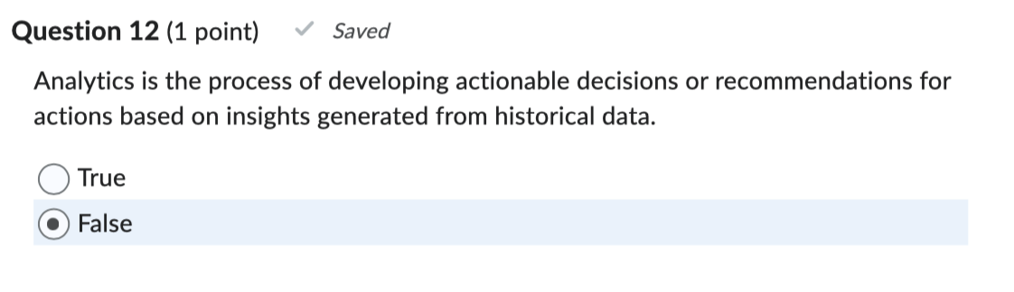 Solved Question 12 (1 ﻿point)Analytics is the process of | Chegg.com