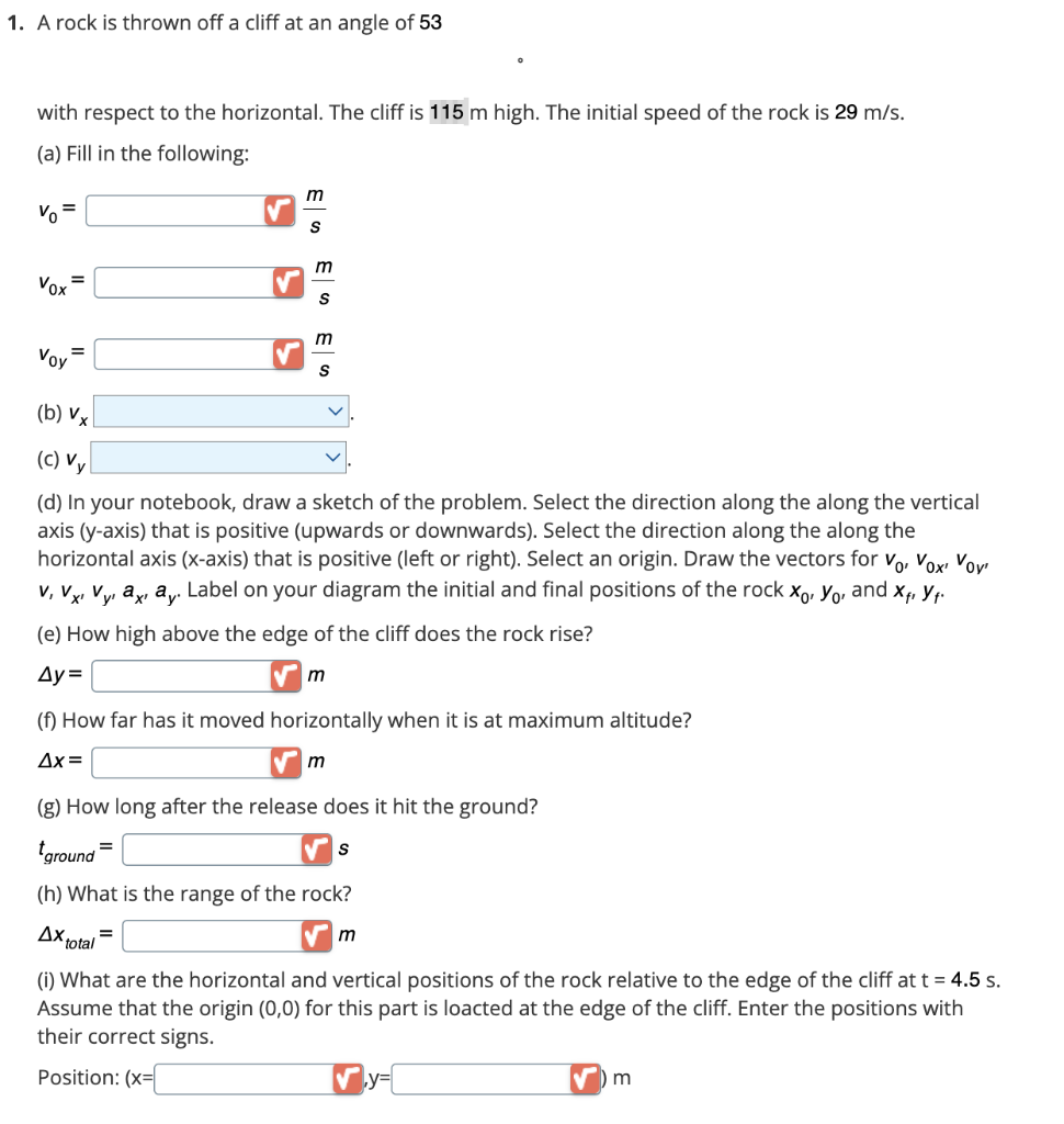 Solved 1. A rock is thrown off a cliff at an angle of 53 | Chegg.com
