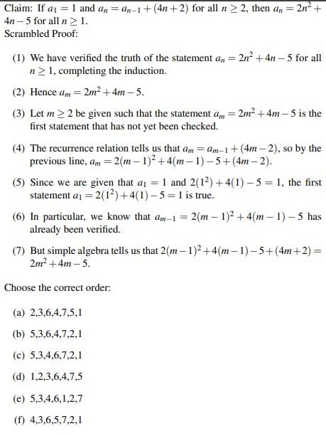 Solved Claim: If a1 = 1 and an = An-1 + (4n+2) for all n > | Chegg.com