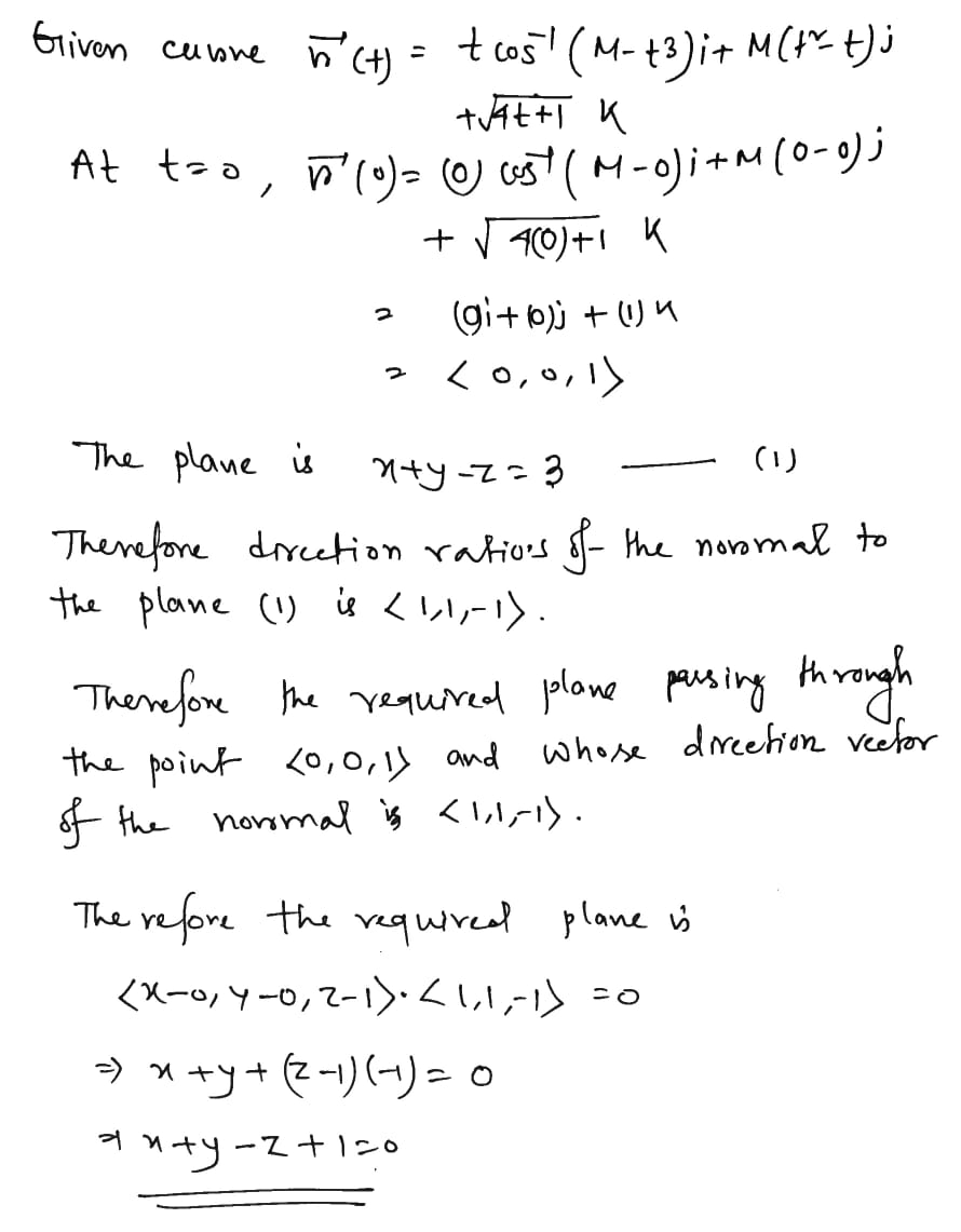 Fill The Following Blanks Find An Equation For The Plane Passes Through Tangent Line To The Curve F T 1 Cot M 1 I M 12 1 244 1k At 1 0 And Is Normal To The