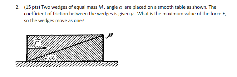 Solved 2. ( 15 pts) Two wedges of equal mass M, angle α are | Chegg.com