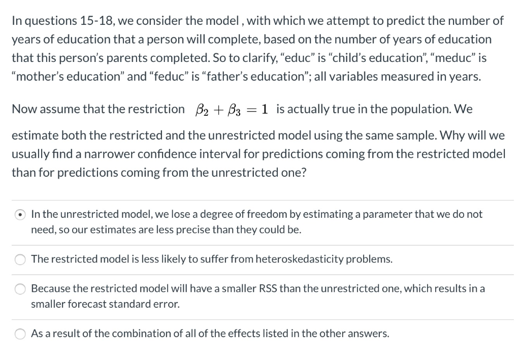 Solved In Questions 15-18, We Consider The Model Educ B | Chegg.com