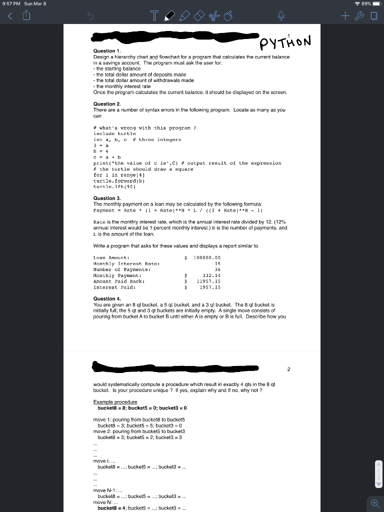 Solved 9:57 PM Sun Mar 8 89% + BO PYTHON Question 1. Design | Chegg.com