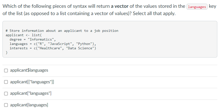 Solved Which of the following pieces of syntax will return a | Chegg.com