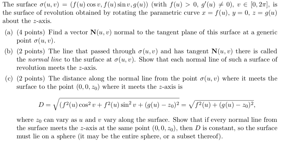 Solved The Surface O U V F U Cos V F U Sin V G U Chegg Com