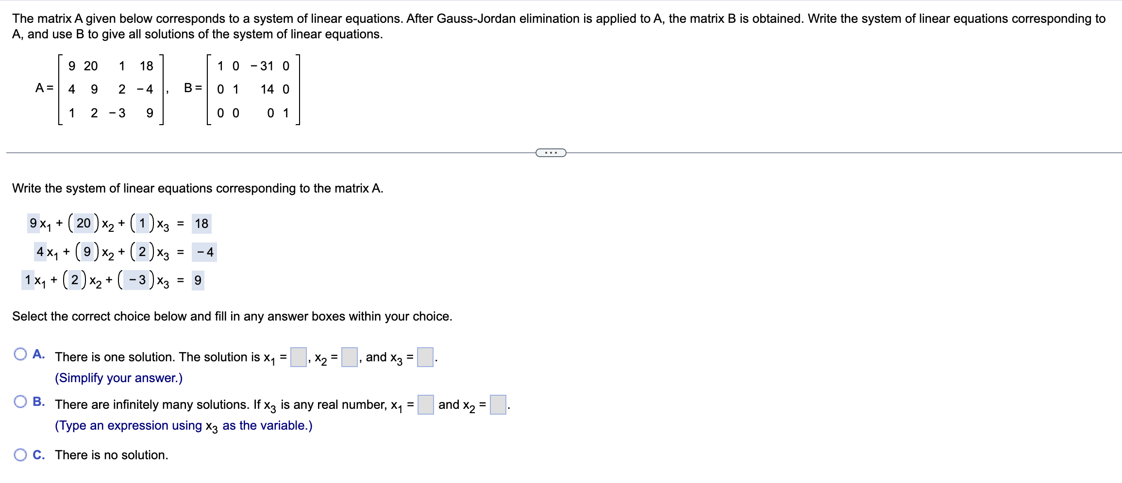 Solved The Matrix A Given Below Corresponds To A System Of | Chegg.com