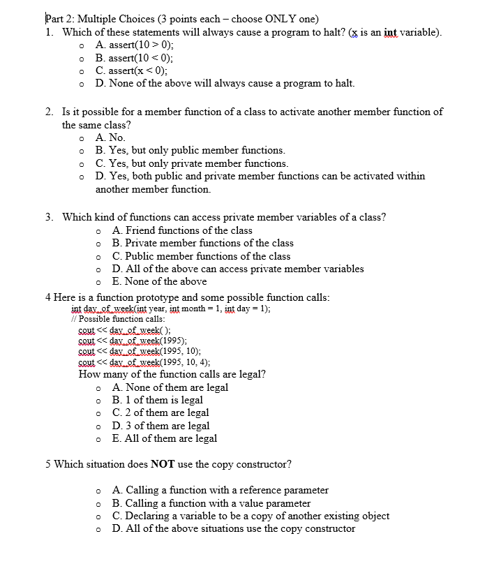 Solved 0 Part 2: Multiple Choices (3 Points Each - Choose | Chegg.com