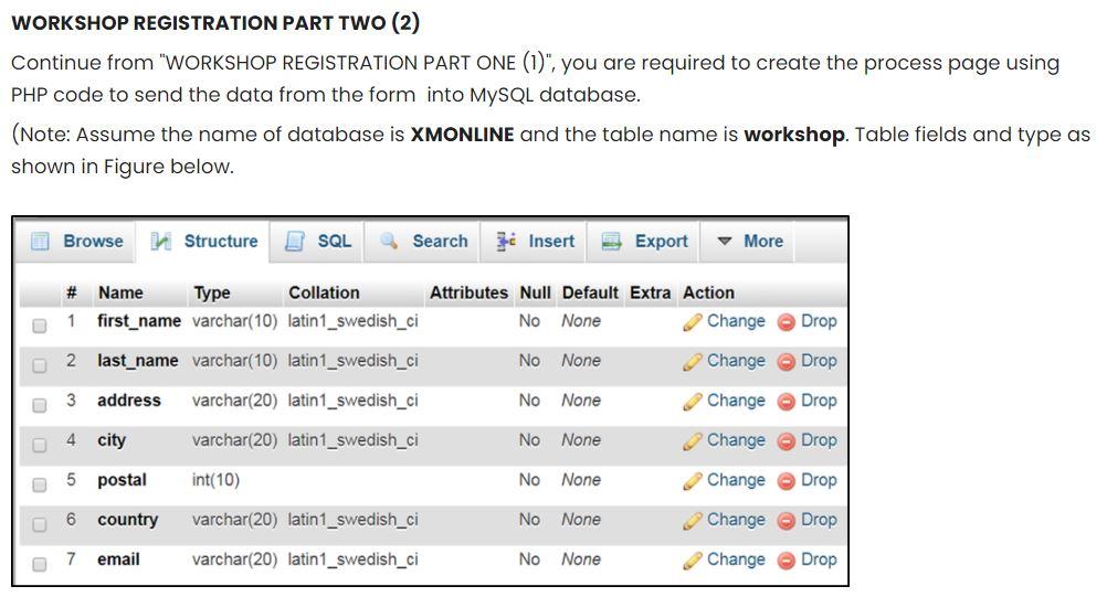 Solved WORKSHOP REGISTRATION SYSTEM PART ONE (1) Write HTML | Chegg.com