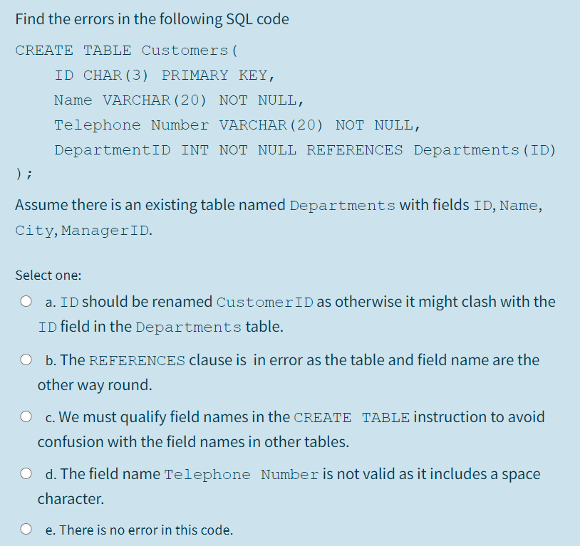 Solved Find the errors in the following SQL code CREATE | Chegg.com
