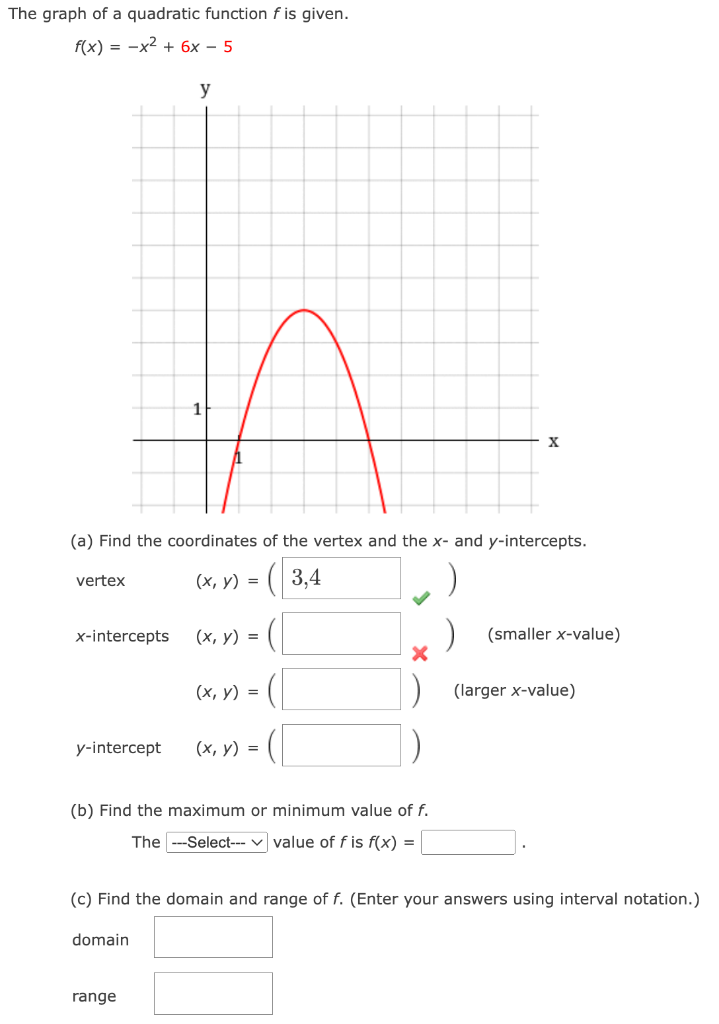 Solved The graph of a quadratic function f is given. f(x) = | Chegg.com