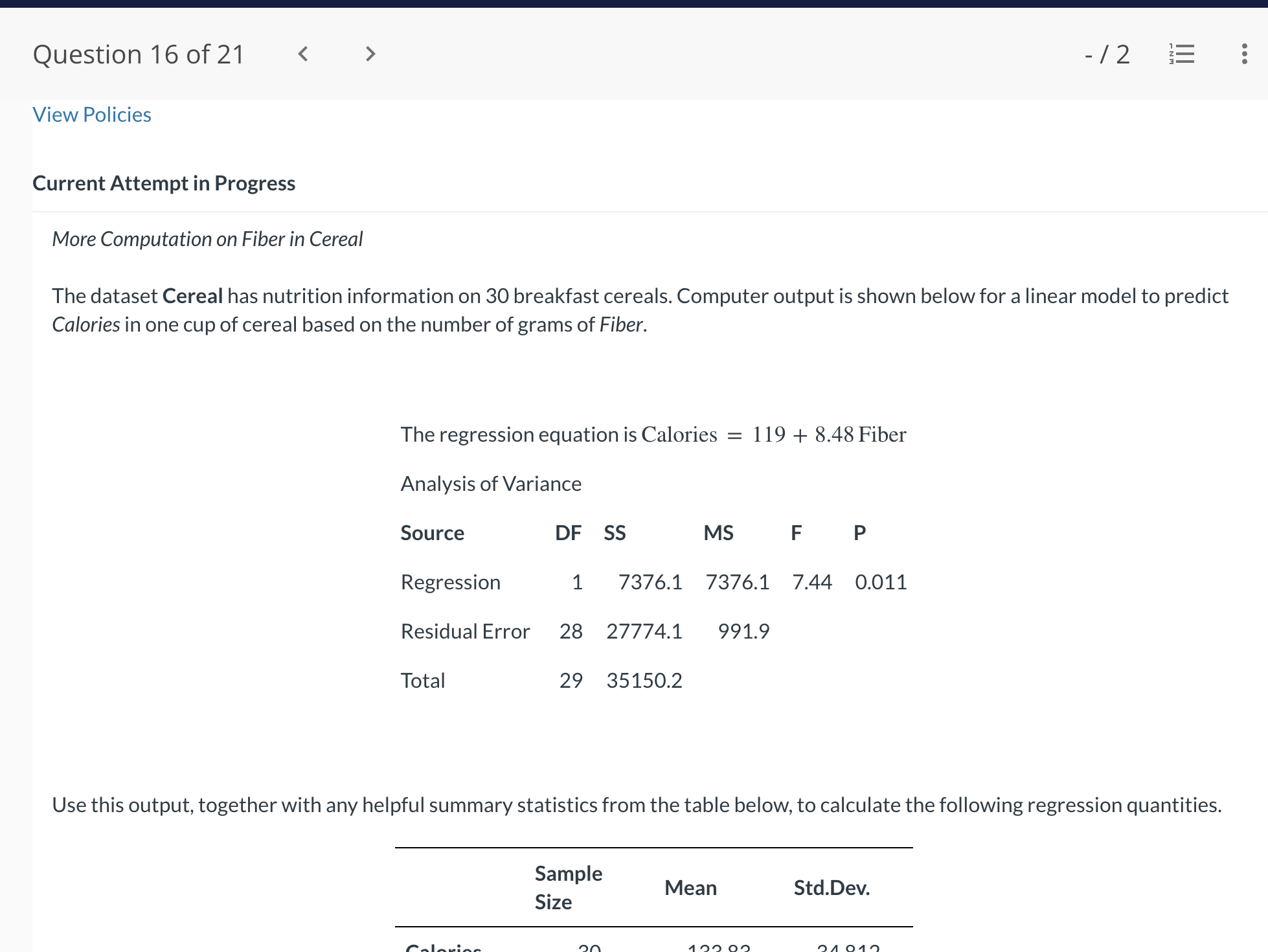 Solved More Computation on Fiber in Cereal The dataset