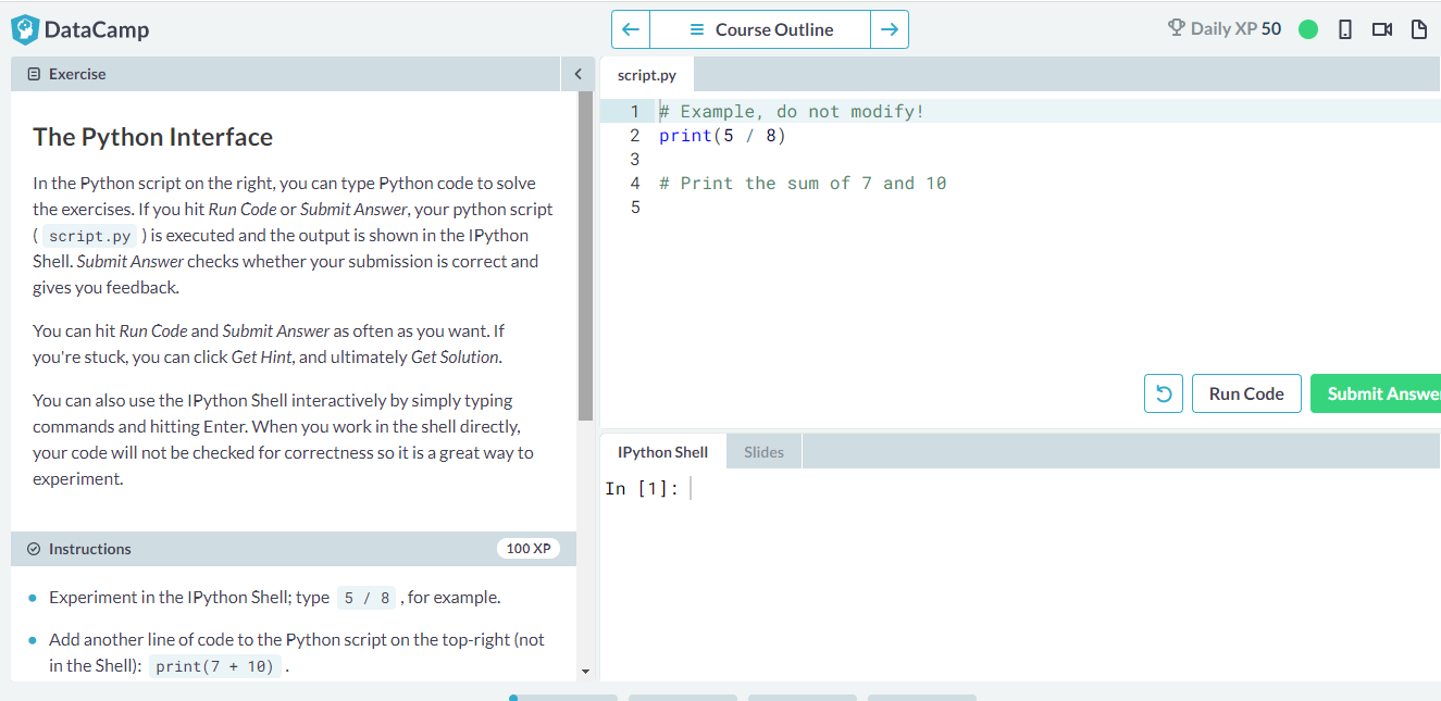 Solved 9 DataCamp = Course Outline > Daily XP 50 O 01 | Chegg.com