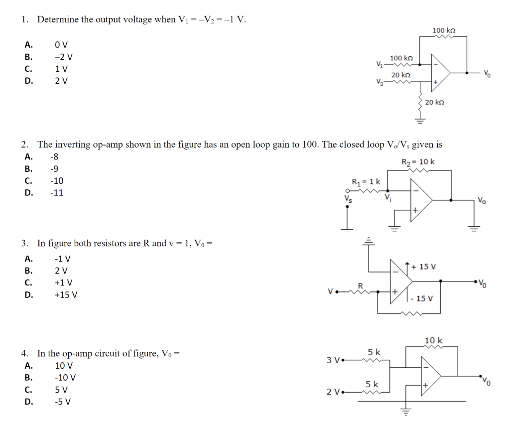 Solved 1 Determine The Output Voltage When V1 V2 1 V Chegg Com